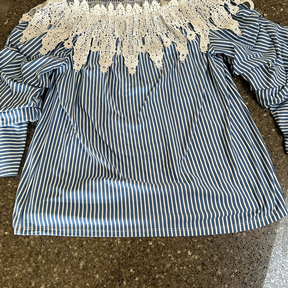 Striped Off-Shoulder Blouse with Lace Detail Ruched Sleeves Size L Crochet Boho